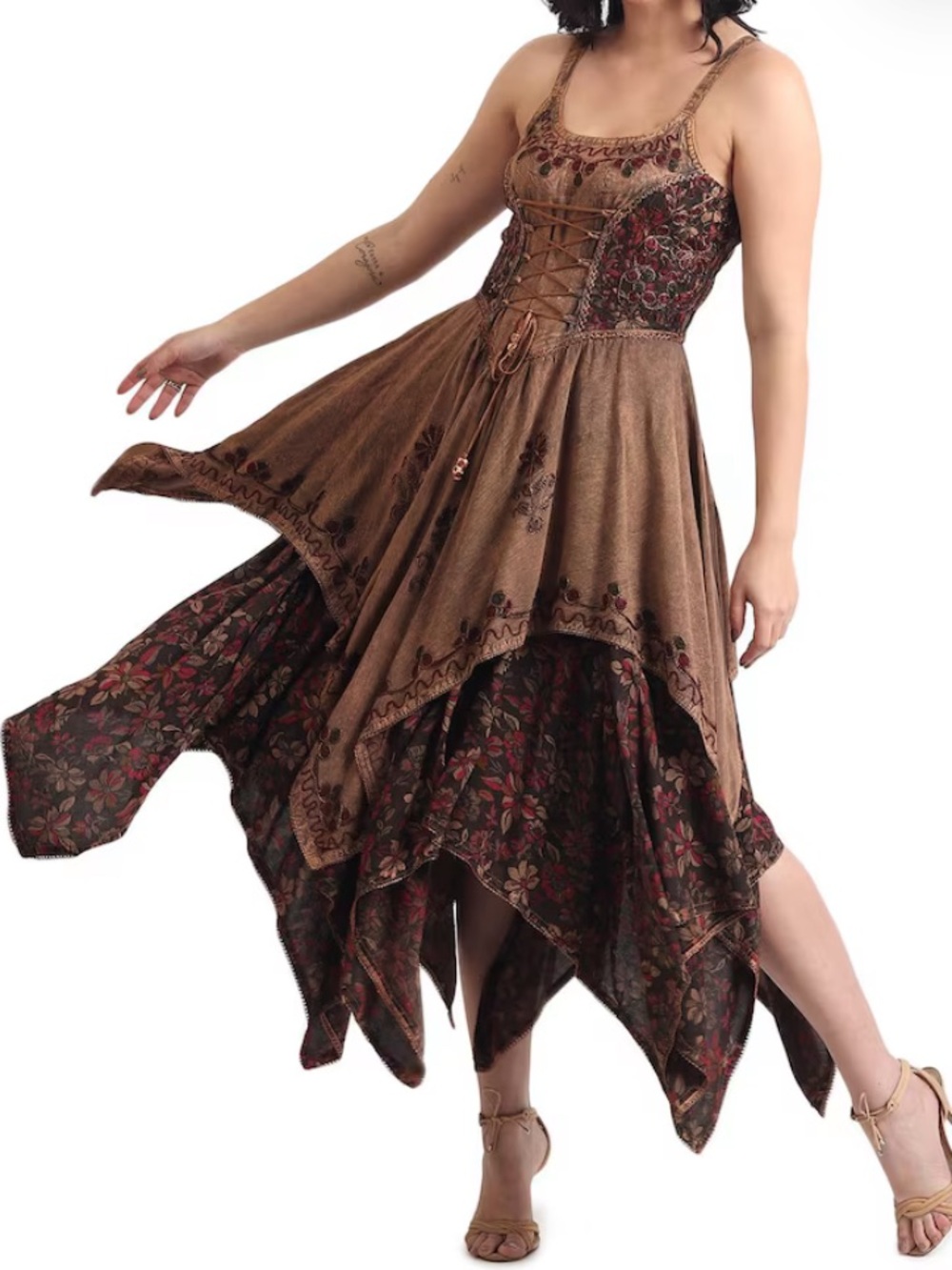 Fairycore Olive Green Lace-Up Handkerchief Hem Dress one size - Picture 14 of 15
